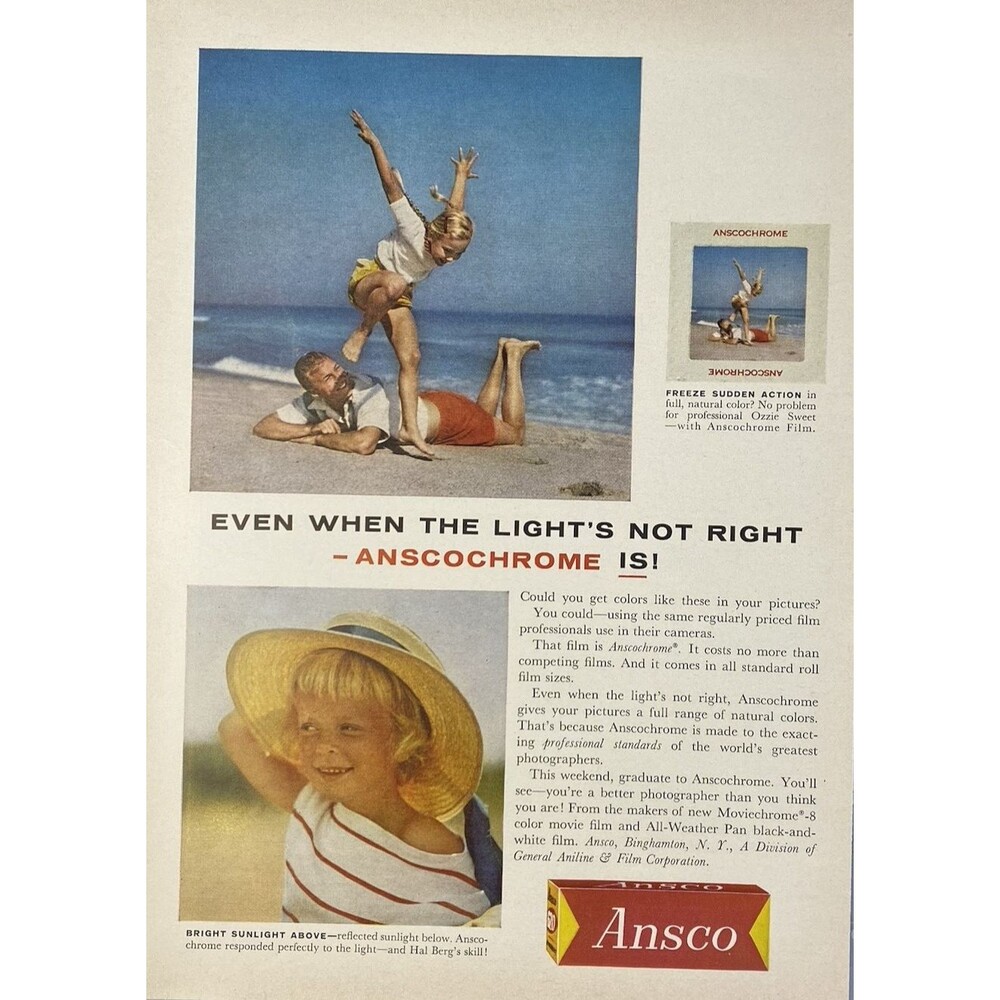 ANSCO Anscochrome Film "Even When the Light's Not Right" Vintage Print Ad 1960